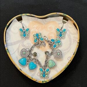 Brighton Turquoise and Silver Heart Charm Bracelet plus earrings and tin